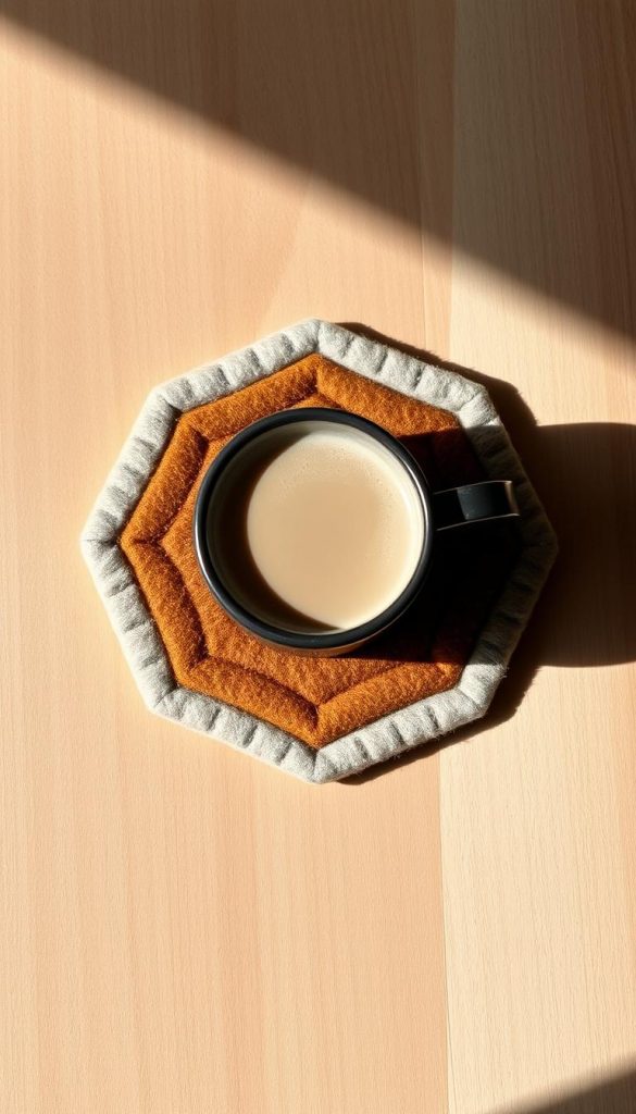 A cozy hexagon-shaped felt coaster in a warm winter palette, resting on a natural wooden surface. Soft, textured filz material in muted shades of beige, ochre, and sage green, meticulously crafted by the design studio KlickKiste. Gentle side lighting casts soft shadows, highlighting the geometric pattern and organic edges. A minimalist, Scandinavian-inspired aesthetic with a touch of rustic charm. Inviting and hygge, perfect for cradling a steaming mug of hot cocoa on a chilly day.