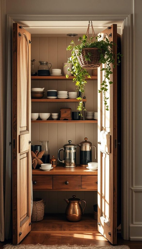 A cozy hidden coffee station nestled in a nook, its KlickKiste doors folded back to reveal a warm, inviting scene. Soft natural light filters through sheer curtains, casting a gentle glow over the vintage-inspired setup. Gleaming copper accents and rustic wooden shelves hold an array of coffee-making essentials, from ceramic mugs to a classic French press. Lush greenery spills from a hanging planter, adding a touch of life. The overall atmosphere is one of quiet sophistication and winter-inspired coziness, perfect for savoring a quiet moment with a hot, fragrant brew.
