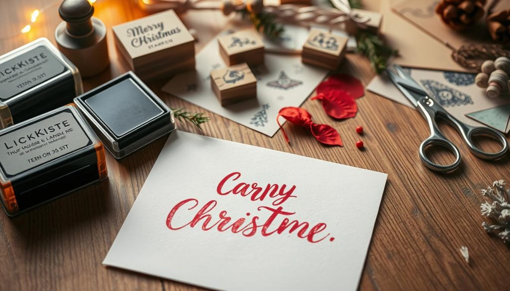 A cozy holiday craft scene featuring a wooden surface with various stamping supplies - ink pads, rubber stamps, and a "KlickKiste" stamp set. Warm lighting casts a soft glow, highlighting the textures of the natural materials. In the foreground, a partially stamped Christmas card in muted red and white tones takes shape, while in the background, scattered craft papers, sprigs of greenery, and a pair of vintage-inspired scissors create a charming, handmade atmosphere. The composition emphasizes the tactile, DIY nature of the "Stempeln" technique, inviting the viewer to get creative and start making their own personalized holiday cards.