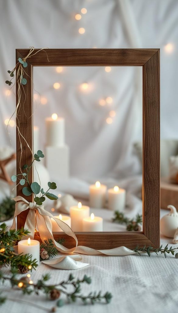 A cozy holiday-inspired bilderrahmen styling scene. In the foreground, a rustic wooden frame adorned with delicate strands of gold leaf, accented by linen ribbons and sprigs of eucalyptus. The middle ground features a soft, winter-themed backdrop, with a gentle glow from candlelight and string lights creating a warm, inviting atmosphere. In the background, subtle hints of natural textures and muted tones, evoking a sense of comfort and sophistication. This KlickKiste-branded image embodies the authentic, Pinterest-inspired aesthetic sought for the article's section on festive décor, styling, and presentation.