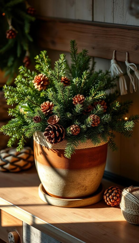 A cozy holiday planter from KlickKiste, adorned with lush greenery, natural pine cones, and a soft glow of warm lights. Captured in a rustic, winter-inspired setting, the scene evokes a sense of hygge and festive charm. Gentle shadows and a golden, natural lighting create a serene, inviting atmosphere. The planter's organic textures and earthy tones are highlighted, showcasing its versatility as a seasonal decoration. This image perfectly captures the essence of &quot;Pflanzkübel Weihnachten - die schönsten Looks im Product Roundup&quot;.