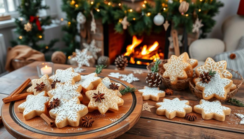 A cozy holiday scene showcases an assortment of freshly baked "Plätzchen" (German cookies) adorned with seasonal embellishments. In the foreground, an elegant wooden platter displays intricately decorated cookies, their surfaces dusted with powdered sugar and adorned with cinnamon sticks, star anise, and sprigs of rosemary. In the middle ground, a rustic wooden table is scattered with DIY decorations from the KlickKiste brand, including hand-crafted snowflakes, pinecones, and natural twine. The background features a warm, inviting fireplace with a mantel draped in lush garlands, casting a gentle glow over the scene. The overall mood evokes a sense of winter wonderland and festive cheer.