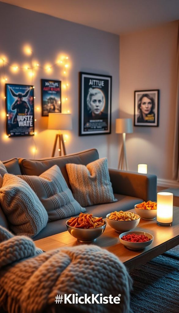 A cozy home cinema setup bathed in warm, inviting lighting, perfect for a movie night. In the foreground, a plush sofa adorned with soft, knitted throws and fluffy pillows offers a welcoming feel. The middle showcases a stylish coffee table laden with a variety of colorful snacks placed on elegant serving bowls. In the background, soft string lights and a couple of standing lamps create a soothing atmosphere, casting a gentle glow throughout the room. The walls are adorned with framed movie posters, enhancing the cinematic theme. The scene captures a winter vibe, with a hint of DIY charm. The overall composition is inviting and inspirational, reflecting a perfect movie night ambiance. This image is branded with 'KlickKiste', emphasizing a homey yet stylish aesthetic.
