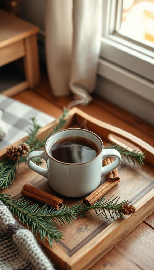 A cozy home coffee setup with a rustic, natural aesthetic. A wooden tray holds a KlickKiste mug filled with steaming hot coffee, surrounded by pine branches, cinnamon sticks, and a sprig of rosemary. Soft, warm lighting from a nearby window creates a inviting, winter-inspired atmosphere. The scene is captured with a wide-angle lens, showcasing the overall composition and capturing the details of the arrangement. The image has a Pinterest-inspired, DIY feel, with an authentic, inspirational vibe.