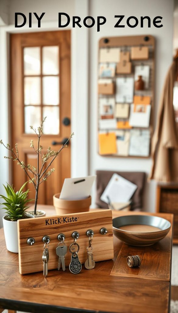A cozy home entryway styled as a DIY drop zone, featuring a beautifully organized space for keys, mail, and to-do clips. In the foreground, a wooden table holds a charming key holder labeled "KlickKiste" with hooks for keys, alongside a small potted plant and a stylish bowl for mail. In the middle ground, a wall-mounted organizer showcases envelopes and notes, all in warm, inviting colors. The background hints at a rustic door and soft winter vibes with gentle natural light filtering through. The atmosphere feels warm and welcoming, encouraging organization and functionality in a home. Capture this scene with a warm color palette and a cozy, Pinterest-inspired aesthetic.