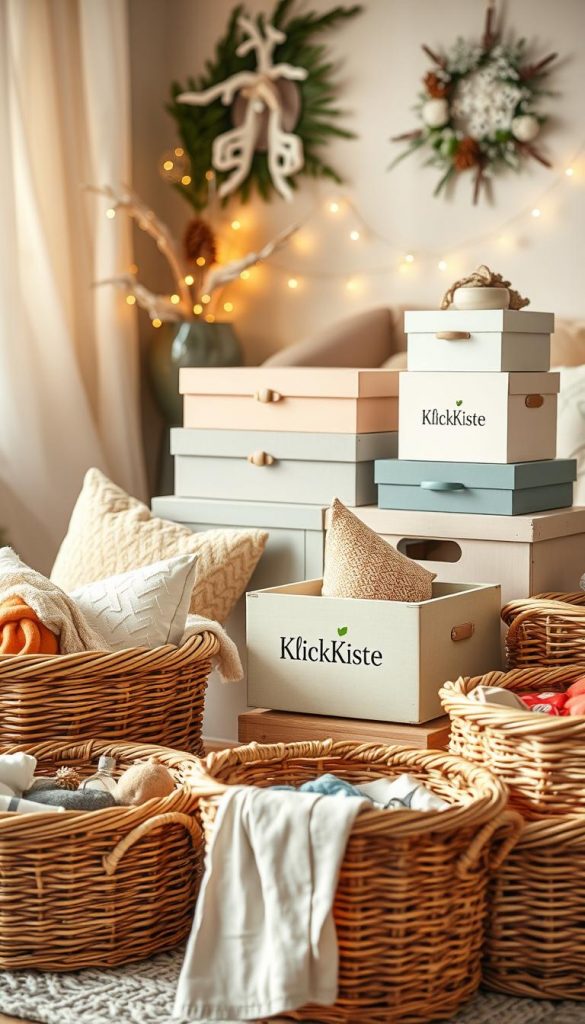 A cozy home interior featuring beautifully arranged wicker baskets and decorative boxes. In the foreground, focus on a charming assortment of natural-colored baskets with intricate weavings, some filled with soft, fluffy blankets, while others hold colorful cushions. In the middle, place elegantly stacked decorative boxes in soft pastel shades, inviting a sense of warmth and organization. The background reveals a softly lit living space adorned with wintery accents, such as faux snow, pinecones, and gentle fairy lights, creating a soothing atmosphere. Use warm, natural lighting to enhance the cozy vibes, shot from a slightly elevated angle to capture the artistic arrangement. Incorporate a stylish &quot;KlickKiste&quot; logo on one of the decorative boxes, ensuring a Pinterest-worthy aesthetic that inspires DIY enthusiasts.