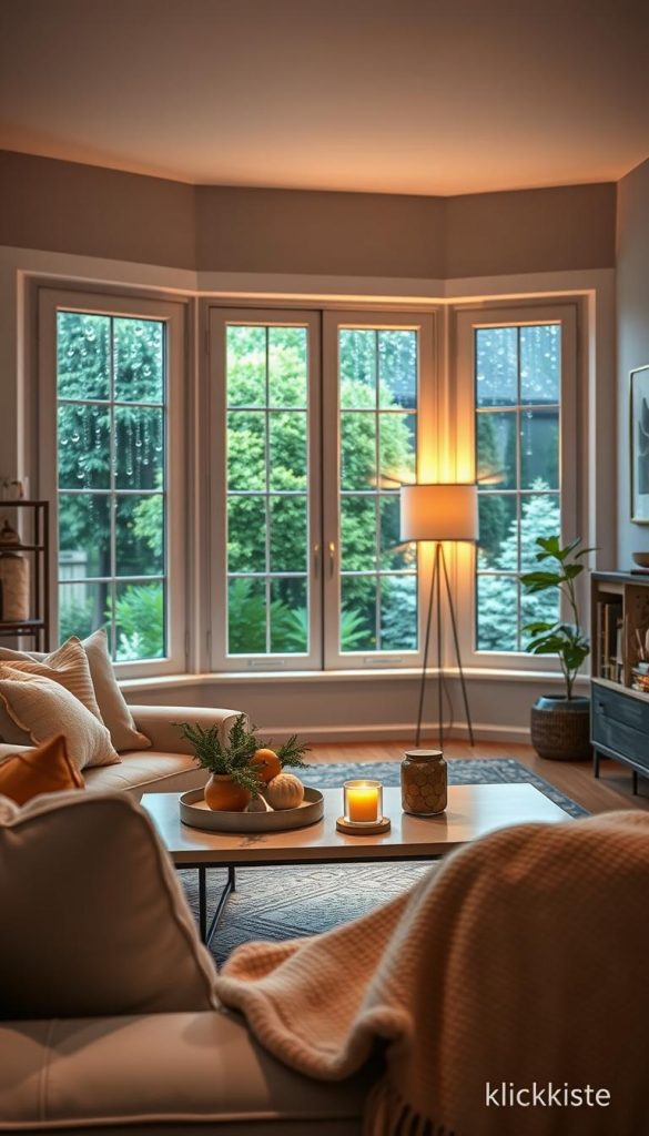 A cozy home interior on a light rainy day, featuring a well-lit living room transformed by simple DIY renovations. In the foreground, a comfortable seating area with plush cushions and a soft throw blanket invites relaxation. The middle ground showcases a sleek coffee table adorned with seasonal decor, including a lit candle and a small plant. Soft, warm lighting creates an inviting atmosphere, enhanced by raindrops visible through large windows that frame a lush green garden outside. The background features subtle design elements, like a refreshed bookshelf and art on the walls, embodying a Pinterest-inspired aesthetic. This scene reflects the essence of simple makeovers that make spaces feel warmer and more inviting, infused with the brand spirit of KlickKiste.
