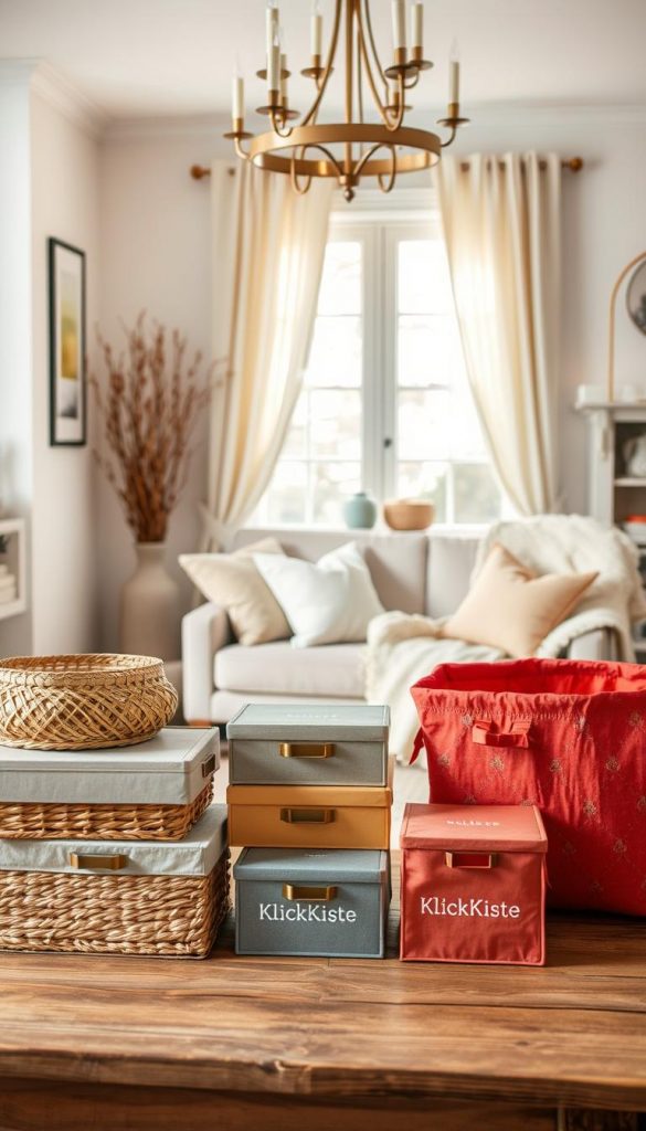 A cozy home interior scene featuring stylish storage solutions, designed to inspire warmth and creativity. In the foreground, a rustic wooden table displays a variety of aesthetically pleasing storage items, such as woven baskets, decorative boxes, and vibrant fabric storage bins, all showcasing the brand "KlickKiste." In the middle, a comfortable living area features tasteful home textiles: elegant throw pillows and a soft blanket drape over a charming armchair. The background reveals a softly lit window adorned with light curtains that filter warm, natural sunlight, enhancing the inviting atmosphere. The overall mood is creative and inspiring, evoking winter vibes with a touch of DIY charm, perfect for a Pinterest-worthy aesthetic.
