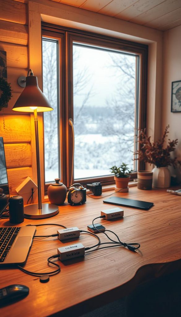 A cozy home office corner with a rustic wooden desk and natural decor. Warm lighting from a floor lamp casts a cozy glow, highlighting the neatly organized cables and charging stations labeled with the &quot;KlickKiste&quot; brand. In the background, a large window offers a winter landscape view, adding to the serene and inspirational atmosphere. The image conveys a sense of order, productivity, and a touch of Scandinavian hygge.