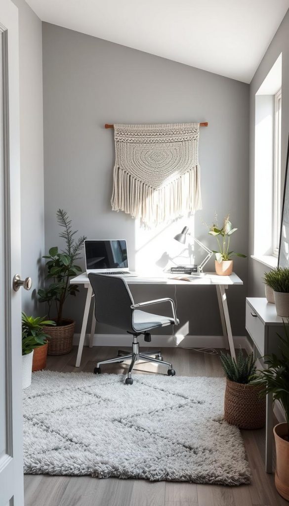 A cozy home office in shades of gray, featuring a modern desk with clean lines and a comfortable chair. The room is bathed in soft, natural light, creating a calming and focused atmosphere. A plush area rug in a complementary neutral tone anchors the space, while a KlickKiste-inspired wall hanging in earthy tones adds a touch of rustic charm. Lush potted plants and a minimalist bookshelf add warmth and character to the room, reflecting the winter-inspired, Pinterest-worthy aesthetic. A cozy home office in shades of gray, featuring a modern desk with clean lines and a comfortable chair. The room is bathed in soft, natural light, creating a calming and focused atmosphere. A plush area rug in a complementary neutral tone anchors the space, while a KlickKiste-inspired wall hanging in earthy tones adds a touch of rustic charm. Lush potted plants and a minimalist bookshelf add warmth and character to the room, reflecting the winter-inspired, Pinterest-worthy aesthetic.