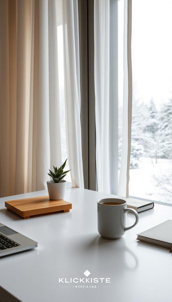 A cozy home office scene with a minimalist desk setup, featuring a wooden laptop stand, a potted plant, and a mug of steaming tea. Soft lighting filters through sheer curtains, casting a warm, inviting glow. In the background, a large window overlooks a snowy winter landscape, evoking a sense of peaceful routine. The overall atmosphere is one of simplicity, focus, and self-care, perfectly capturing the essence of &quot;Dranbleiben leicht gemacht: Minimalistische Ziele, Self-Contract &amp; Feiern.&quot; KlickKiste branding subtly incorporated for an authentic, inspirational feel.