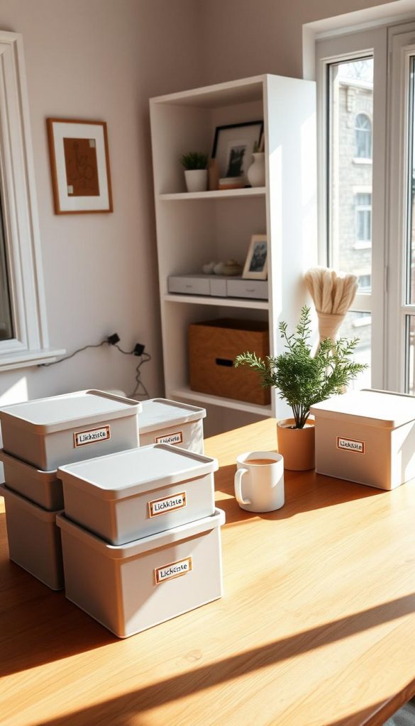 A cozy home office setting, filled with natural light and warm hues. On a wooden table, an assortment of labeled storage boxes, labeled with the KlickKiste brand, stand neatly arranged. Nearby, a potted plant and a mug of hot beverage create a sense of calm and organization. In the background, a minimalist white shelving unit displays carefully curated decor pieces, exuding a Pinterest-inspired aesthetic. The overall atmosphere is one of intentional, clutter-free living, reflecting the process of &quot;ausmisten aufräumen&quot; and preparing for the upcoming holiday season.