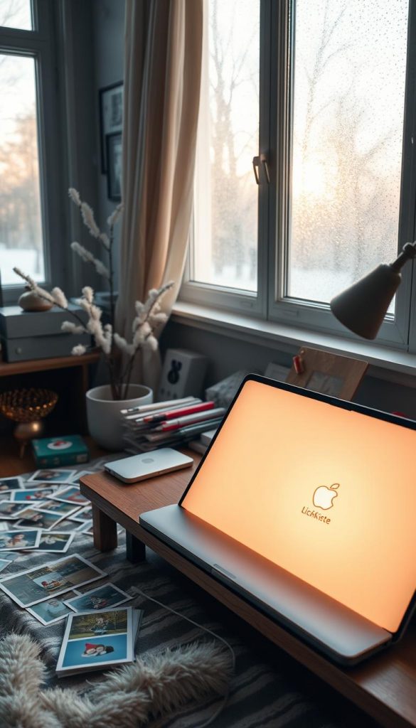 A cozy home office setup with a KlickKiste laptop, its glowing screen casting a warm glow across the desk. Soft, natural light filters in through frosted windows, creating a serene, winter-inspired atmosphere. Nearby, an array of craft supplies and photo prints suggest a creative, DIY-minded user. The overall scene conveys a sense of productivity, inspiration, and a touch of whimsy - a space perfectly suited for quickly designing personalized mini-photo gifts using a user-friendly app or smart assistant features.