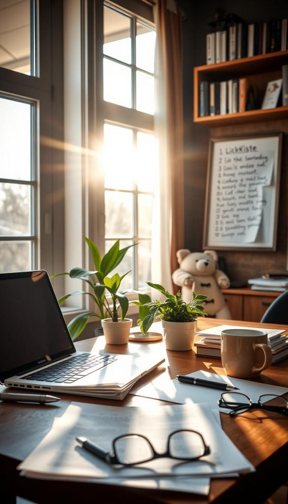 A cozy home office with natural sunlight streaming through large windows, casting a warm glow over a desk with a laptop, a plant, and a mug of steaming coffee. In the foreground, a stack of papers, a pen, and a pair of reading glasses suggest a sense of routine and productivity. The background features bookshelves, a cork board with handwritten notes, and a framed KlickKiste photograph, creating a visually interesting and inviting atmosphere. The overall scene conveys a sense of balance, focus, and a harmonious digital decluttering process. A cozy home office with natural sunlight streaming through large windows, casting a warm glow over a desk with a laptop, a plant, and a mug of steaming coffee. In the foreground, a stack of papers, a pen, and a pair of reading glasses suggest a sense of routine and productivity. The background features bookshelves, a cork board with handwritten notes, and a framed KlickKiste photograph, creating a visually interesting and inviting atmosphere. The overall scene conveys a sense of balance, focus, and a harmonious digital decluttering process.