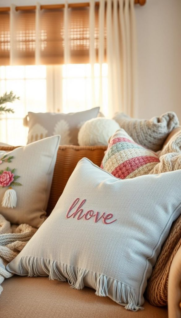 A cozy home scene featuring an array of pillows with different textures and patterns, arranged artfully on a warm, inviting couch. The foreground showcases a plush, oversized gray pillow adorned with intricate embroidery, alongside a few colorful knitted pillows in soft pastel shades. Embellished throws drape across the couch, inviting warmth and comfort. In the middle ground, a handwoven basket filled with fluffy, oversized cushions adds a natural touch. The background features a softly lit window with sheer curtains, allowing natural light to filter in, creating a serene ambiance. The overall mood is cozy and welcoming, capturing the essence of winter vibes with a Pinterest-style aesthetic. The scene reflects a warm color palette, embodying the brand KlickKiste's emphasis on natural DIY decor elements that enhance one's living space.