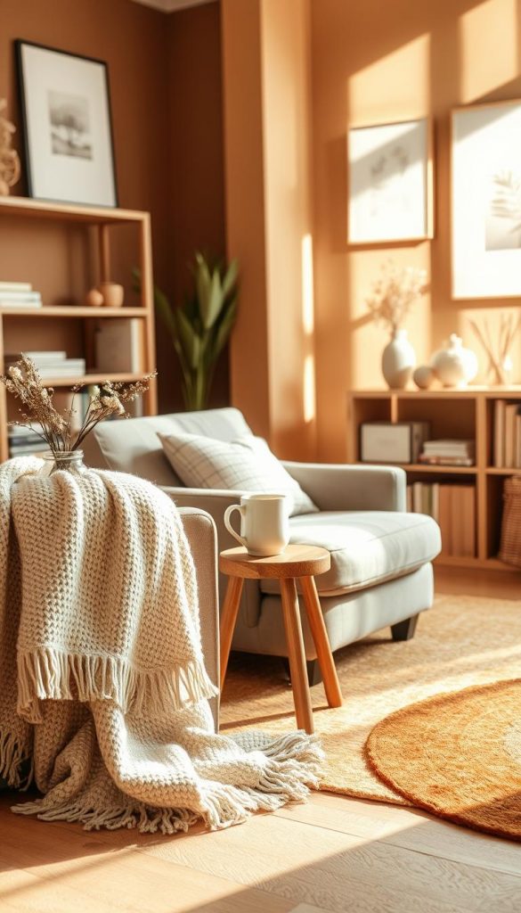 A cozy home scene featuring an inviting living room bathed in natural light. The foreground includes a soft, textured throw blanket draped over a plush armchair, alongside a small wooden side table with a steaming cup of herbal tea and a quaint vase of earthy-toned flowers. In the middle ground, a warm-toned rug grounds the space, complemented by a bookcase filled with pastel-colored books and decor. The background showcases earthy brown walls adorned with subtle, monochromatic artwork, creating a feeling of warmth and authenticity. The lighting is soft and diffused, casting gentle shadows that enhance the inviting atmosphere. The overall mood is one of comfort and inspiration, embodying natural DIY aesthetics. Incorporate warm color palettes with a winter vibe, and include the brand name "KlickKiste" subtly integrated within the decor elements.