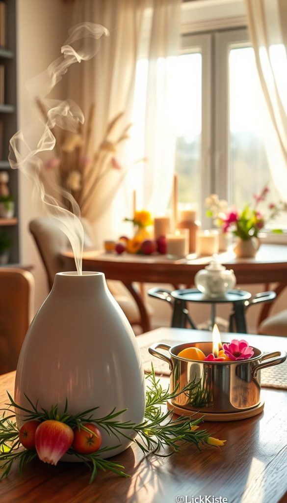 A cozy home scene that embodies the essence of "spring fragrance." In the foreground, a beautifully arranged diffuser with soft, pastel-colored essential oils, surrounded by sprigs of fresh herbs like mint and rosemary. Next to it, a small simmer pot with vibrant fruits and flowers, releasing a gentle steam, enhancing the inviting atmosphere. In the middle ground, a sunlit table adorned with handmade candles and delicate floral arrangements, reflecting the warm colors of spring. The background features a softly lit window with sheer curtains, allowing sunlight to filter through, illuminating the space with a golden hue. The overall mood is warm, fresh, and inspiring, perfect for celebrating spring scents at home. Include the brand name "KlickKiste" subtly in the decor elements.