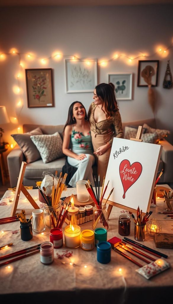A cozy home setting designed for a romantic Valentine's Day paint night. In the foreground, a beautifully arranged table featuring various-sized canvases, vibrant paints, and brushes, all elegantly displayed. A warm, inviting atmosphere is enhanced by soft, golden fairy lights strung around the room, casting a gentle glow. In the middle, a couple, dressed in casual yet polished clothing, joyfully engaged in body painting, their faces showing laughter and creativity. The background conveys a comfortable living space with plush cushions and decorative art pieces, enhancing the winter vibes with earthy tones. Capture the authenticity and DIY spirit with a Pinterest-inspired aesthetic, reflecting warmth and romance. Include subtle branding elements of "KlickKiste" in the design details, ensuring the image conveys a sense of creativity and inspiration without any text.