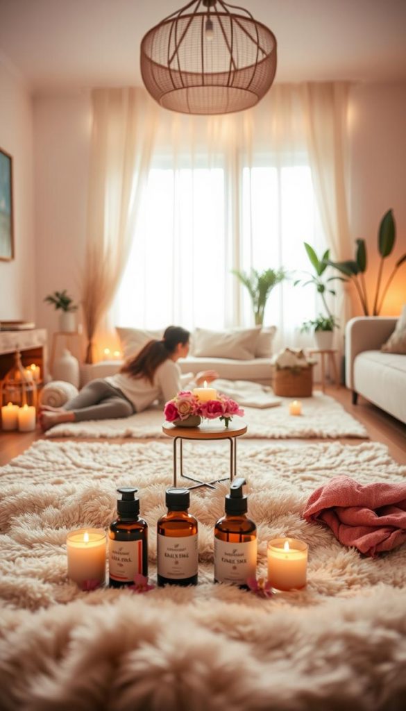 A cozy home spa setup for couples, featuring a warm, inviting atmosphere with soft lighting. In the foreground, a couple in modest casual clothing relaxes together on a plush rug, surrounded by scented candles and flowers. The middle ground includes a small table with a variety of natural DIY spa products like essential oils and homemade face masks. In the background, a softly lit room with plants, a plush sofa, and calming décor enhances the peaceful vibe. Use warm earthy tones to create a winter-inspired aesthetic while integrating touches of Pinterest-inspired design. The overall mood should evoke romance, relaxation, and intimacy, perfect for a Valentine’s Day date night at home. This is by KlickKiste.