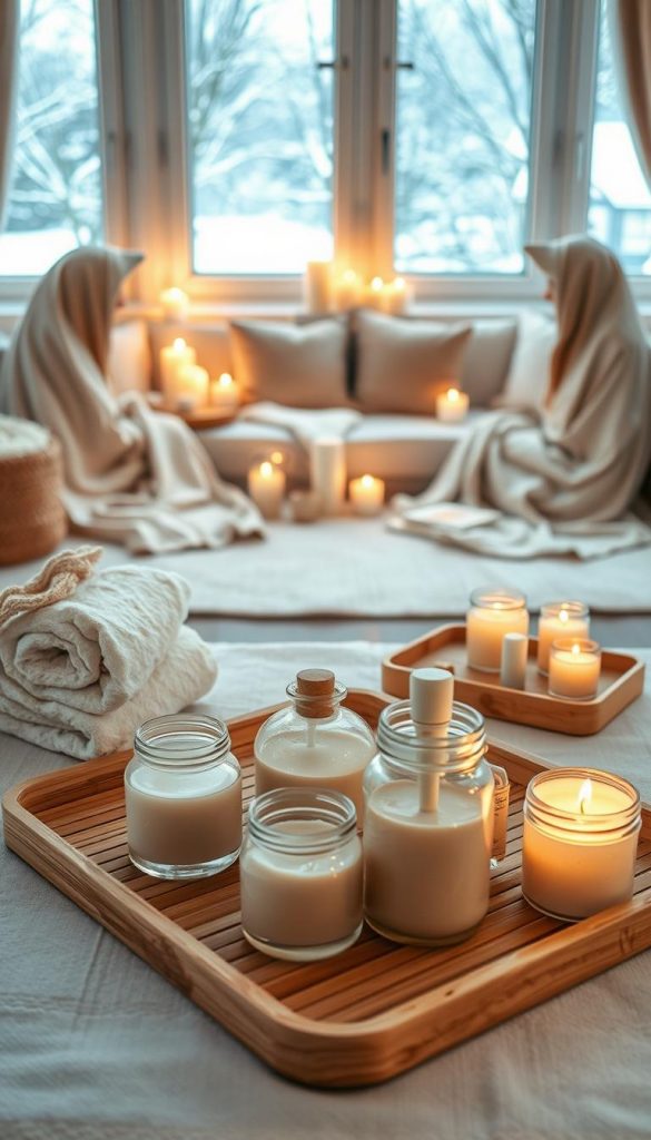 A cozy home spa setup showcasing an inviting DIY wellness atmosphere for a girls' spa day at home. In the foreground, create a beautifully arranged table with natural materials like bamboo trays, soft towels, and a selection of homemade skincare products in glass jars, all styled with warm, earthy tones. The middle ground features a serene setting with comfortable seating draped in soft fabrics, surrounded by candles flickering gently, casting a warm glow. In the background, a window reveals a snowy winter scene, enhancing the cozy vibe. Use soft, natural lighting to evoke relaxation, capturing the scene with a soft focus lens at eye level. The overall mood should feel authentic and inspiring, reflecting the brand &quot;KlickKiste&quot; and the essence of a comforting, affordable spa experience at home.
