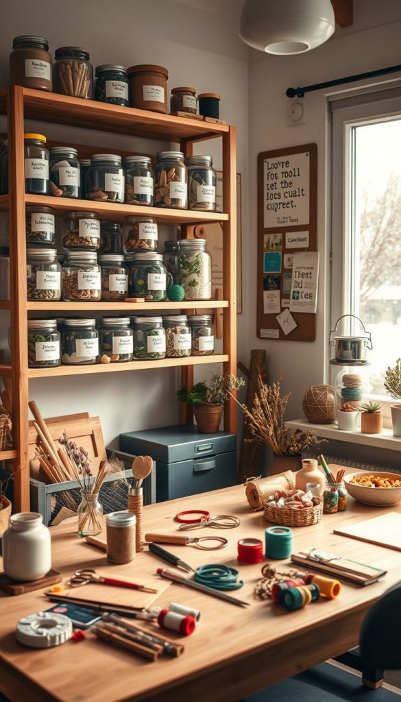 A cozy home workspace filled with DIY upcycling projects, showcasing a beautifully organized wooden shelf brimming with repurposed containers like glass jars and tin cans, each labeled for easy access. In the foreground, a well-lit table displays various crafting tools, colorful threads, and natural materials in warm, inviting tones. Soft, diffused lighting creates a serene atmosphere, with winter vibes suggested through a window view of falling snowflakes outside. The background features a stylish bulletin board adorned with inspirational quotes and images related to creativity and sustainability. Overall, this scene embodies an authentic and inspiring Pinterest look, reflecting the ethos of "KlickKiste," inviting viewers to embrace creativity while contributing to a greener environment.