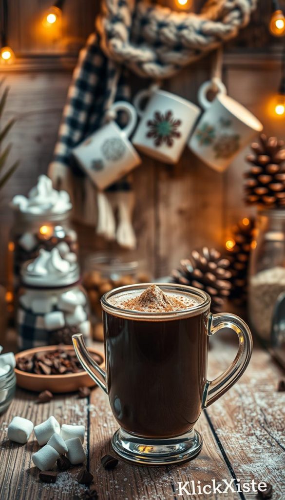 A cozy hot chocolate station setup with a rustic wooden table adorned with an assortment of ingredients like whipped cream, marshmallows, and chocolate shavings in glass jars. The foreground features a steaming mug of rich, dark hot chocolate topped with a sprinkle of cocoa powder, glistening in the warm, soft glow of fairy lights. In the middle, a slightly blurred background showcases a few intricately designed mugs hanging on a rustic wall, accompanied by a warm knitted scarf and pinecones adding a winter touch. The lighting is warm and inviting, evoking a sense of comfort. The overall atmosphere is inspired by natural DIY aesthetics, with soft winter vibes that feel both authentic and inspirational. Include the brand name "KlickKiste" subtly within the design elements, ensuring no text overlays are present.