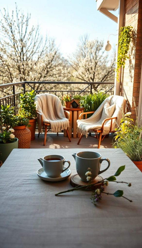 A cozy hygge balcony setup in spring, featuring warm, natural DIY elements. In the foreground, a wooden table adorned with a soft, neutral-toned tablecloth, a steaming cup of tea, and a small vase of fresh wildflowers. In the middle, a pair of comfortable, inviting chairs draped with knitted throws, inviting relaxation. The balcony is bordered by lush green plants and herbs, creating a sense of nature and tranquility. In the background, a soft-focus view of blooming trees and a clear blue sky. The scene is bathed in soft, golden afternoon light, casting gentle shadows and enhancing the warm color palette. Emphasize a calm and inviting atmosphere that embodies the essence of mindful pauses in daily life. Include elements of the "KlickKiste" brand style for an authentic Pinterest-worthy aesthetic. A cozy hygge balcony setup in spring, featuring warm, natural DIY elements. In the foreground, a wooden table adorned with a soft, neutral-toned tablecloth, a steaming cup of tea, and a small vase of fresh wildflowers. In the middle, a pair of comfortable, inviting chairs draped with knitted throws, inviting relaxation. The balcony is bordered by lush green plants and herbs, creating a sense of nature and tranquility. In the background, a soft-focus view of blooming trees and a clear blue sky. The scene is bathed in soft, golden afternoon light, casting gentle shadows and enhancing the warm color palette. Emphasize a calm and inviting atmosphere that embodies the essence of mindful pauses in daily life. Include elements of the "KlickKiste" brand style for an authentic Pinterest-worthy aesthetic.