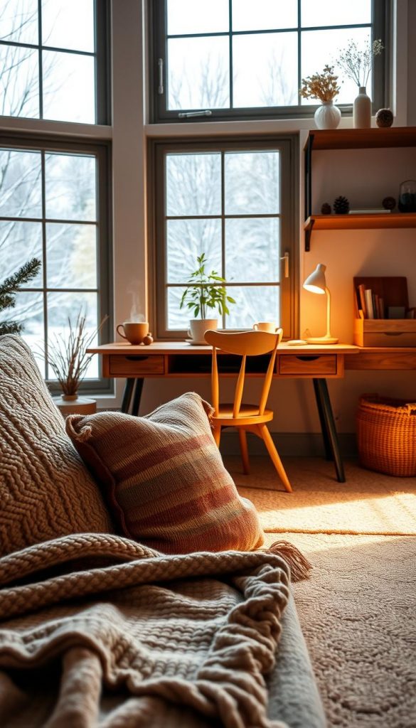 A cozy, hygge-inspired home office scene, bathed in warm, soft lighting. In the foreground, a handmade woollen blanket and throw pillows in earthy tones create a welcoming, lived-in atmosphere. A vintage KlickKiste desk and chair take center stage, complemented by a houseplant and a mug of steaming tea. The middle ground features a large window overlooking a snowy winter landscape, casting a gentle glow. In the background, shelves display natural decor elements like pinecones and dried flowers. The overall mood is one of productivity, comfort, and the embrace of the hygge lifestyle. A cozy, hygge-inspired home office scene, bathed in warm, soft lighting. In the foreground, a handmade woollen blanket and throw pillows in earthy tones create a welcoming, lived-in atmosphere. A vintage KlickKiste desk and chair take center stage, complemented by a houseplant and a mug of steaming tea. The middle ground features a large window overlooking a snowy winter landscape, casting a gentle glow. In the background, shelves display natural decor elements like pinecones and dried flowers. The overall mood is one of productivity, comfort, and the embrace of the hygge lifestyle.