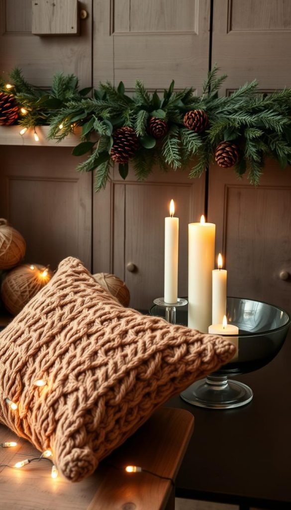 A cozy, hygge-inspired winter scene featuring a collection of warm, inviting home decor elements. In the foreground, a plush, knitted throw pillow in an earthy tone sits atop a rustic wooden bench, surrounded by twinkling string lights that cast a soft, ambient glow. In the middle ground, a cluster of unscented ivory candles flickers gently, their gentle flames reflected in the smooth surface of a polished glass bowl. In the background, a lush garland of natural foliage and pinecones adorns a weathered wooden shelf, creating a serene, nature-inspired backdrop. The overall mood is one of comfort, coziness, and simple, Scandinavian-inspired elegance.