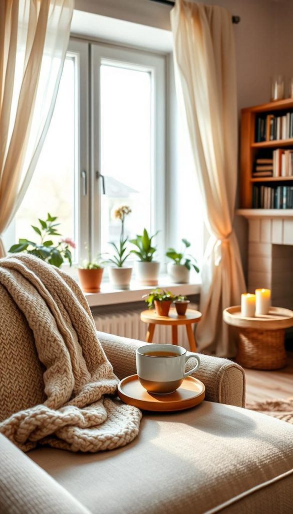 A cozy hygge lifestyle scene set in spring, featuring a beautifully arranged living space filled with soft textiles in warm colors. In the foreground, a knitted blanket draped over a comfy armchair, with a steaming cup of herbal tea on a small wooden side table. In the middle, a window with sheer curtains allowing gentle natural light to filter through, illuminating potted plants and fresh flowers, adding freshness to the atmosphere. In the background, a bookshelf filled with books and candles flickering softly on a mantelpiece. The overall mood is warm and inviting, reminiscent of Pinterest aesthetics. Shot with a soft focus lens to enhance the intimate feel of the space, evoking themes of calmness and serenity. Brand inspiration "KlickKiste" subtly reflected in the cozy decor style. A cozy hygge lifestyle scene set in spring, featuring a beautifully arranged living space filled with soft textiles in warm colors. In the foreground, a knitted blanket draped over a comfy armchair, with a steaming cup of herbal tea on a small wooden side table. In the middle, a window with sheer curtains allowing gentle natural light to filter through, illuminating potted plants and fresh flowers, adding freshness to the atmosphere. In the background, a bookshelf filled with books and candles flickering softly on a mantelpiece. The overall mood is warm and inviting, reminiscent of Pinterest aesthetics. Shot with a soft focus lens to enhance the intimate feel of the space, evoking themes of calmness and serenity. Brand inspiration "KlickKiste" subtly reflected in the cozy decor style.