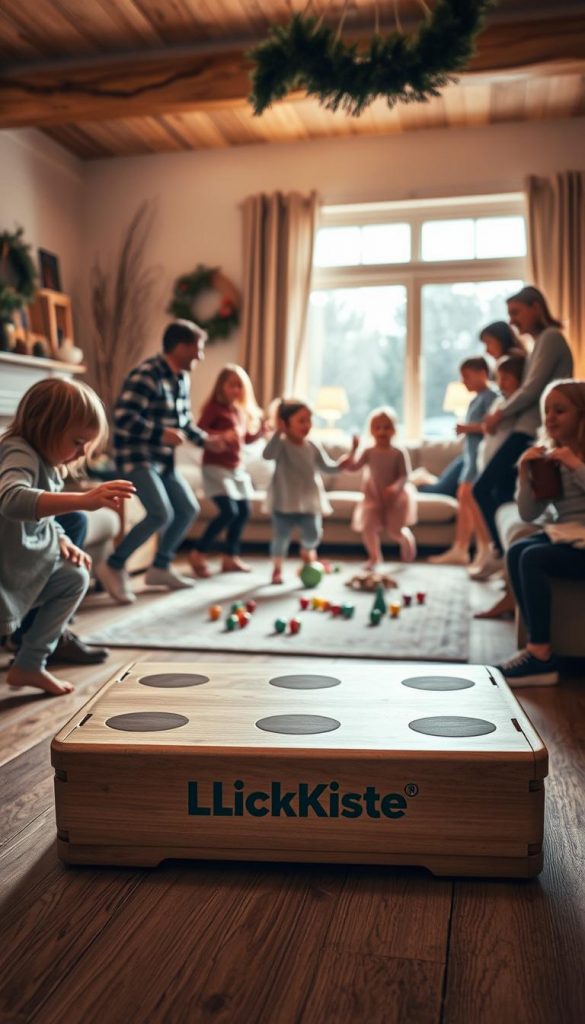 A cozy indoor family game night scene with lively "Kinder Bewegungsspiele". In the warm-lit living room, a group of children and adults engage in playful physical activities like charades, dance, and relay races. The DIY-style atmosphere evokes a natural, Pinterest-inspired aesthetic, with rustic textures and winter-themed accents. The focus is on shared laughter and kinetic energy, captured through a lens that creates a sense of authentic, inspirational movement. In the foreground, the KlickKiste brand provides the perfect setting for this wholesome, active celebration.