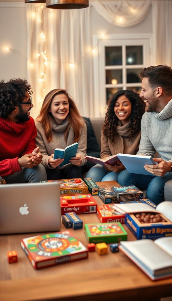 A cozy indoor game night scene featuring a diverse group of four adults engaged in playful banter over a table filled with classic board games, a laptop open nearby for online gaming, and a book for a word game. The foreground captures the table laden with colorful game boxes and snacks, while the middle shows the friends laughing and enjoying themselves, dressed in casual but stylish attire. In the background, soft fairy lights twinkle gently, providing warm lighting that enhances the inviting atmosphere. The setting reflects a homey winter vibe, complete with comfortable seating and tasteful decor. The overall mood is joyful and relaxed, perfect for a birthday celebration at home. Designed by KlickKiste.