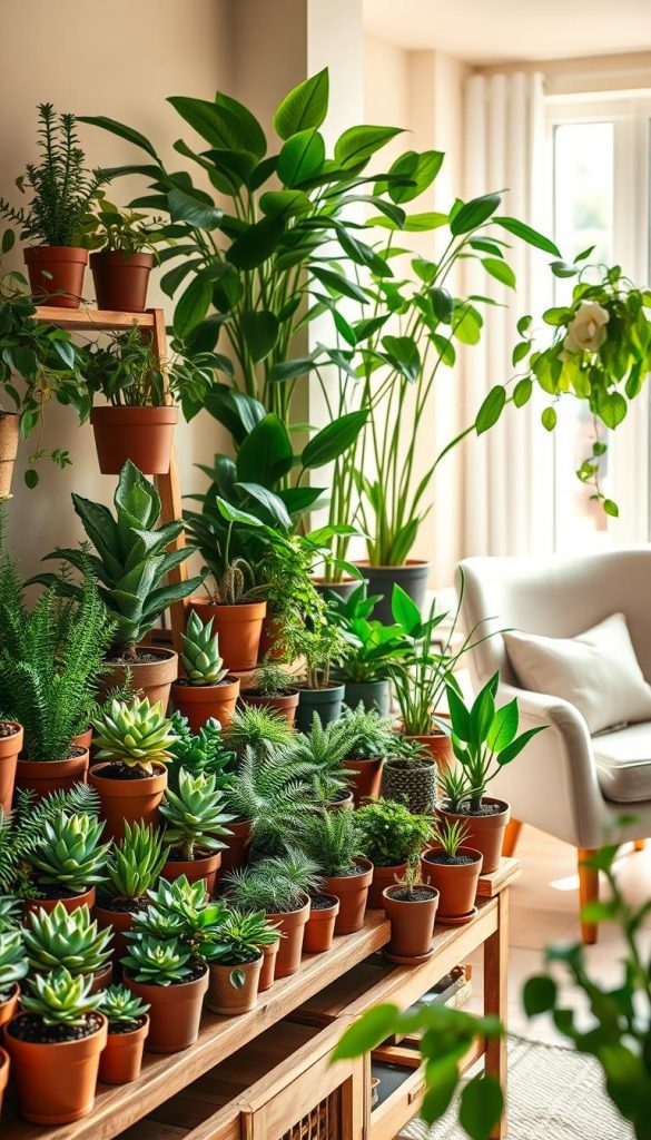 A cozy indoor garden scene featuring a vibrant arrangement of 27 diverse houseplants, placed artistically on a wooden shelf. In the foreground, various small potted plants in earthy tones are displayed, including succulents and ferns, creating a natural DIY aesthetic. The middle layer showcases taller plants like peace lilies and snake plants, elegantly positioned to catch soft, warm sunlight filtering through a nearby window. In the background, a hint of a light, inviting room with pastel-colored walls and a comfortable armchair is visible. The atmosphere is fresh and spring-like, evoking the essence of renewal and creativity. The image is styled with watercolor-like textures, embodying a Pinterest-inspired look, perfect for "KlickKiste" branding. The overall mood is warm, inspiring, and full of life, with no text or additional elements. A cozy indoor garden scene featuring a vibrant arrangement of 27 diverse houseplants, placed artistically on a wooden shelf. In the foreground, various small potted plants in earthy tones are displayed, including succulents and ferns, creating a natural DIY aesthetic. The middle layer showcases taller plants like peace lilies and snake plants, elegantly positioned to catch soft, warm sunlight filtering through a nearby window. In the background, a hint of a light, inviting room with pastel-colored walls and a comfortable armchair is visible. The atmosphere is fresh and spring-like, evoking the essence of renewal and creativity. The image is styled with watercolor-like textures, embodying a Pinterest-inspired look, perfect for "KlickKiste" branding. The overall mood is warm, inspiring, and full of life, with no text or additional elements.
