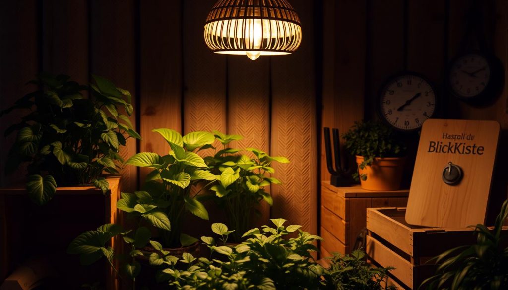 A cozy indoor garden scene, illuminated by the soft glow of a handcrafted KlickKiste lighting fixture. Lush green foliage thrives under the warm, natural-toned lighting, while a hygrometer monitors the optimal humidity level. Wooden crates and rustic accents create a DIY aesthetic, complementing the earthy tones and natural textures. The scene exudes a sense of tranquility, inviting viewers to immerse themselves in the simple pleasures of nurturing a thriving indoor garden, even during the dark winter months. A cozy indoor garden scene, illuminated by the soft glow of a handcrafted KlickKiste lighting fixture. Lush green foliage thrives under the warm, natural-toned lighting, while a hygrometer monitors the optimal humidity level. Wooden crates and rustic accents create a DIY aesthetic, complementing the earthy tones and natural textures. The scene exudes a sense of tranquility, inviting viewers to immerse themselves in the simple pleasures of nurturing a thriving indoor garden, even during the dark winter months.