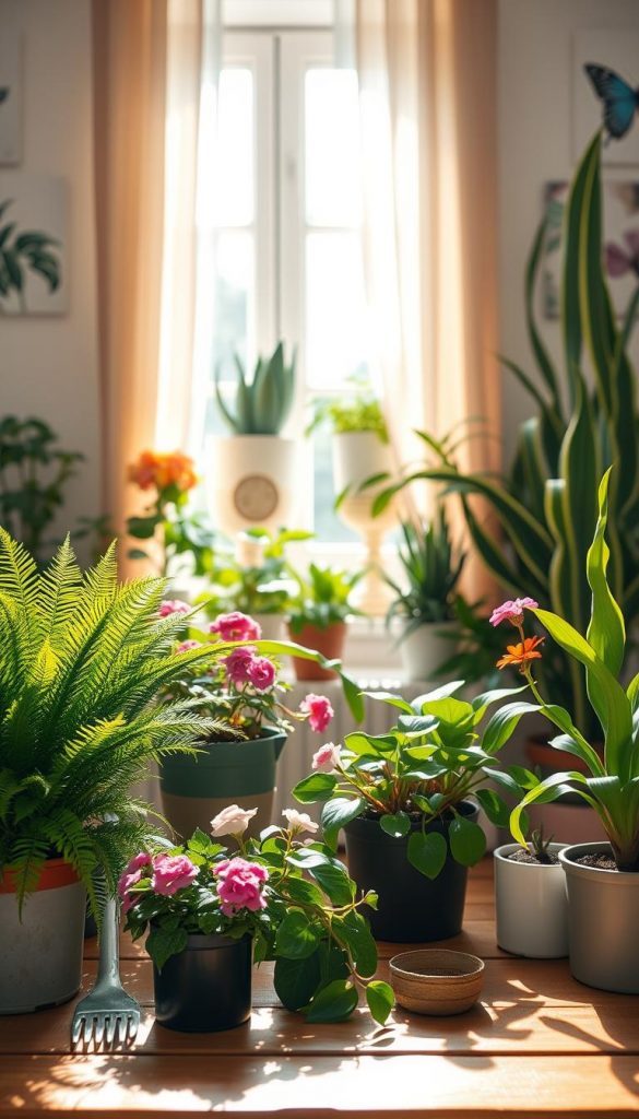A cozy indoor garden scene representing spring, featuring a variety of healthy, vibrant houseplants. In the foreground, a sunlit wooden table displays pots of lush green ferns, colorful flowering plants like geraniums, and a tall snake plant. The middle ground includes a window with sheer curtains, allowing soft, golden sunlight to pour in, illuminating a gently watering can and gardening tools, giving a nurturing feel. The background reveals a soft-focus wall adorned with botanical prints, enhancing the spring atmosphere. The overall lighting is warm and inviting, creating a peaceful and inspiring environment. This image embodies a natural DIY aesthetic with a Pinterest-worthy look, reflecting the refreshing vibes of spring gardening. Include the brand name "KlickKiste" subtly in the decor, without any text overlay. A cozy indoor garden scene representing spring, featuring a variety of healthy, vibrant houseplants. In the foreground, a sunlit wooden table displays pots of lush green ferns, colorful flowering plants like geraniums, and a tall snake plant. The middle ground includes a window with sheer curtains, allowing soft, golden sunlight to pour in, illuminating a gently watering can and gardening tools, giving a nurturing feel. The background reveals a soft-focus wall adorned with botanical prints, enhancing the spring atmosphere. The overall lighting is warm and inviting, creating a peaceful and inspiring environment. This image embodies a natural DIY aesthetic with a Pinterest-worthy look, reflecting the refreshing vibes of spring gardening. Include the brand name "KlickKiste" subtly in the decor, without any text overlay.