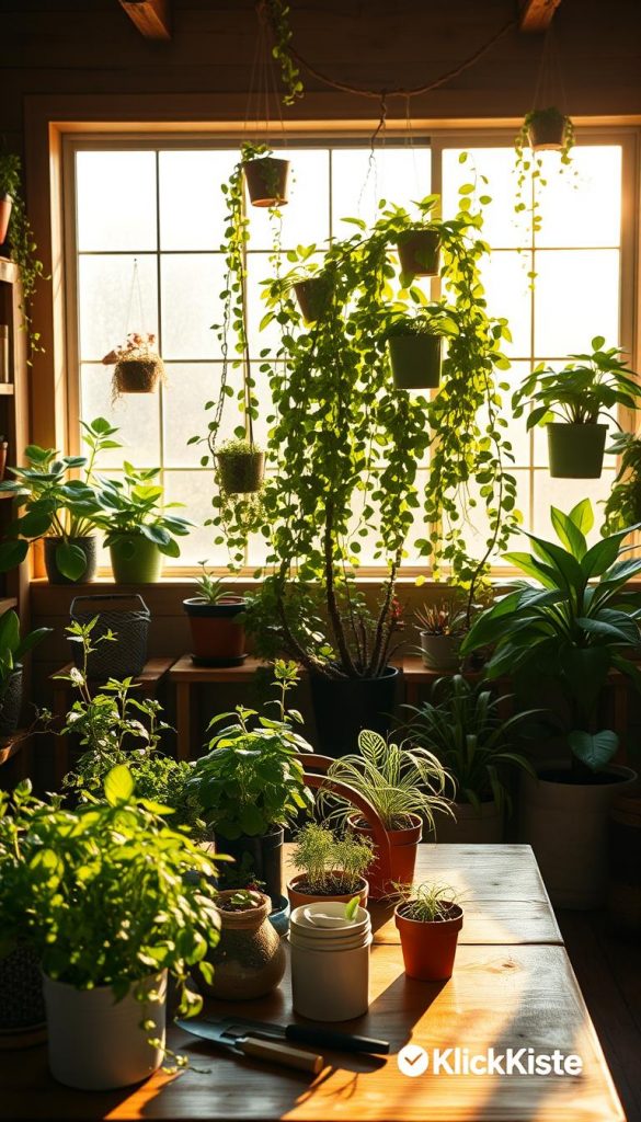 A cozy indoor garden scene showcasing a vibrant collection of houseplants in various sizes and shapes. In the foreground, a rustic wooden table filled with potted herbs and succulents, accompanied by gardening tools. The middle ground features a lush vertical plant wall, created with hanging planters and ivy cascading down. In the background, a large window allows warm, golden sunlight to filter in, casting soft shadows and enhancing the inviting atmosphere. The room&rsquo;s decor includes natural wooden elements and warm, earthy tones, embodying a Pinterest-inspired DIY aesthetic. Create an ambiance of tranquility and inspiration, emphasizing the theme of plant power for improved air quality and mood. Include subtle branding elements from KlickKiste, ensuring a harmonious and authentic visual experience.