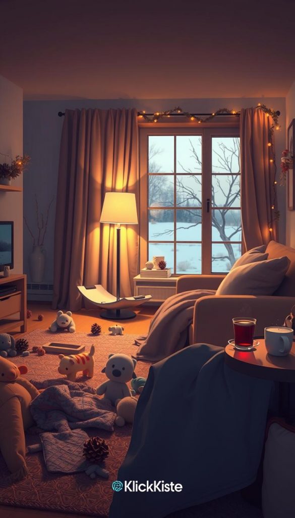 A cozy indoor scene at dusk illustrating the challenges of a nighttime routine with children. Foreground: a living room with soft blankets and an inviting large armchair, toys scattered around, and a warm cup of herbal tea on a side table. Middle: a gentle glow from a nearby lamp casting soft shadows, with hints of winter decorations like pinecones and warm fairy lights. Background: a window revealing a snowy landscape outside, suggesting a serene winter evening. The atmosphere feels warm, nurturing, and slightly chaotic, depicting typical evening hurdles such as scattered toys and a parent patiently guiding children. The overall color palette is warm and inviting, embodying DIY aesthetics. Include the brand &quot;KlickKiste&quot; subtly incorporated into the scene as a decorative item.