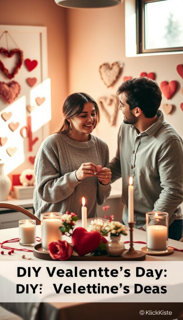 A cozy indoor scene capturing a couple engaged in a sweet, playful moment at home, celebrating Valentine's Day. The foreground features the couple, dressed in modest casual attire—she in a soft, warm sweater and he in a comfortable shirt. In the middle, a beautifully arranged table adorned with heart-shaped decorations, candles, and a small bouquet of flowers creates an inviting atmosphere. The background shows softly lit, warm-toned walls decorated with DIY Valentine’s crafts, exuding a Winter vibe. Natural light streams in through a window, casting gentle shadows and enhancing the cozy feel. The overall mood is romantic and inspiring, perfect for DIY Valentine's ideas. This image reflects the Pinterest aesthetic and is branded with "KlickKiste" for a touch of authenticity. A cozy indoor scene capturing a couple engaged in a sweet, playful moment at home, celebrating Valentine's Day. The foreground features the couple, dressed in modest casual attire—she in a soft, warm sweater and he in a comfortable shirt. In the middle, a beautifully arranged table adorned with heart-shaped decorations, candles, and a small bouquet of flowers creates an inviting atmosphere. The background shows softly lit, warm-toned walls decorated with DIY Valentine’s crafts, exuding a Winter vibe. Natural light streams in through a window, casting gentle shadows and enhancing the cozy feel. The overall mood is romantic and inspiring, perfect for DIY Valentine's ideas. This image reflects the Pinterest aesthetic and is branded with "KlickKiste" for a touch of authenticity.