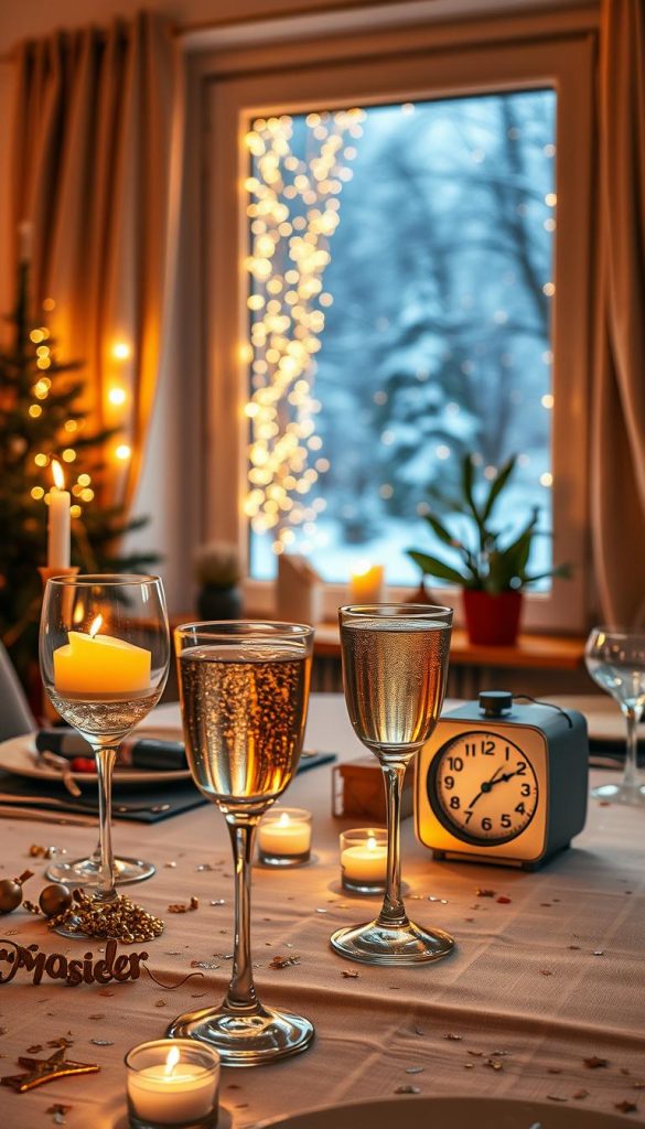 A cozy indoor scene capturing the essence of "mitternacht" during a Silvester party, featuring a beautifully set table adorned with warm, inviting decorations. In the foreground, elegant glasses filled with sparkling drinks reflect soft candlelight, while DIY crafts like gold and silver confetti and a small clock striking midnight add a festive touch. The middle ground showcases a vibrant playlist on a stylish speaker, with music notes visually represented as floating sparks. In the background, a window displays a winter landscape with twinkling lights outside, creating a magical ambiance. The lighting is warm and mellow, evoking a sense of celebration and nostalgia. The overall mood is inspiring and authentic, reminiscent of a Pinterest-worthy winter celebration organized by KlickKiste.