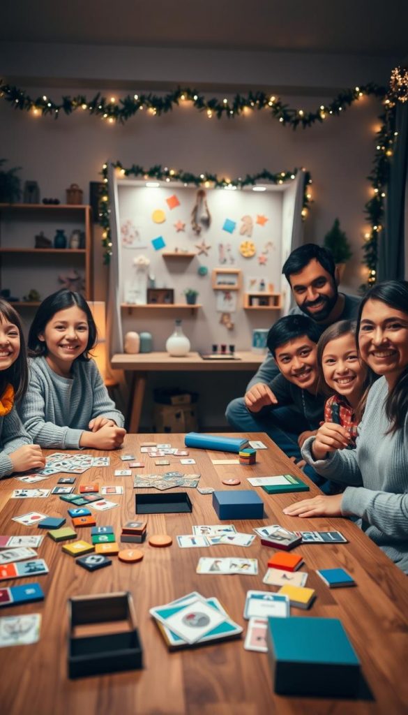 A cozy indoor scene depicting a family game night, featuring a diverse group of four smiling family members, including children and adults, engaging in various DIY games. In the foreground, a wooden table is laden with handmade board games, colorful cards, and crafting supplies. The middle of the room showcases a DIY escape room setup with whimsical decorations and clues on the walls, evoking a playful atmosphere. Soft, warm lighting illuminates the space, creating a welcoming and inspiring mood. Winter-themed decor, such as subtle hints of snowflakes and festive garlands, enhances the inviting ambiance. The scene reflects a natural DIY aesthetic, embodying the spirit of "KlickKiste." The overall composition has a Pinterest-perfect look, emphasizing creativity and familial bonding without any text or watermarks. A cozy indoor scene depicting a family game night, featuring a diverse group of four smiling family members, including children and adults, engaging in various DIY games. In the foreground, a wooden table is laden with handmade board games, colorful cards, and crafting supplies. The middle of the room showcases a DIY escape room setup with whimsical decorations and clues on the walls, evoking a playful atmosphere. Soft, warm lighting illuminates the space, creating a welcoming and inspiring mood. Winter-themed decor, such as subtle hints of snowflakes and festive garlands, enhances the inviting ambiance. The scene reflects a natural DIY aesthetic, embodying the spirit of "KlickKiste." The overall composition has a Pinterest-perfect look, emphasizing creativity and familial bonding without any text or watermarks.