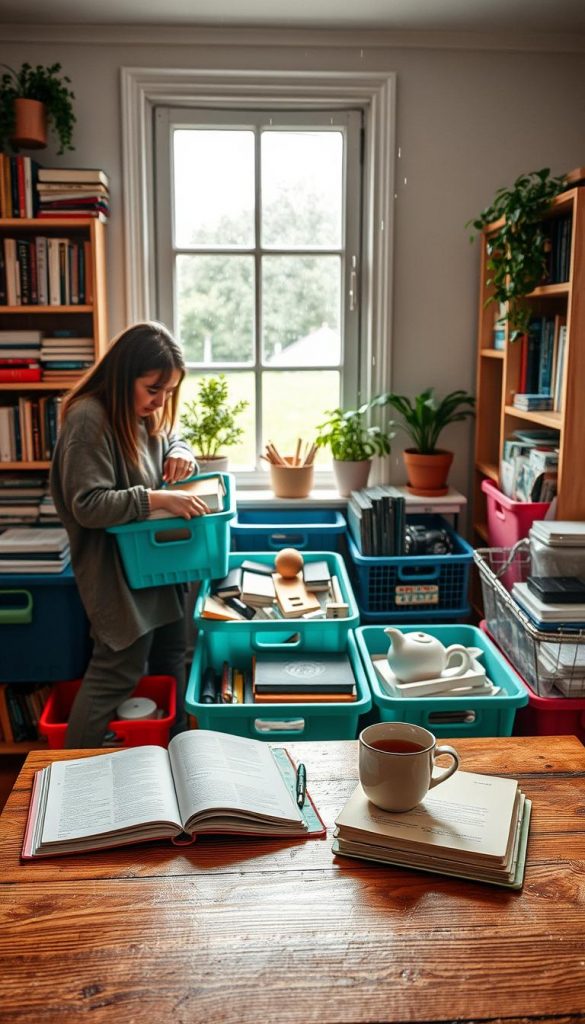 A cozy indoor scene depicting a rainy day devoted to organizing and decluttering. In the foreground, a woman in comfortable, modest casual clothing sorts through a collection of colorful storage bins filled with books, crafts, and home decor items. The middle ground features a wooden table with a steaming mug of tea and an open notebook, while a window reveals raindrops gently falling outside, creating a soft, diffused light throughout the space. The background showcases filled bookshelves and plants adding a touch of nature to the serene atmosphere. The overall feel is warm and inviting, with a Pinterest-inspired aesthetic that emphasizes comfort, creativity, and a sense of accomplishment. The image embodies the essence of “KlickKiste,” encouraging viewers to embrace rainy day activities that foster order and tranquility.