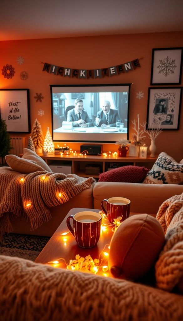 A cozy indoor scene depicting a stylish movie night setup for winter. In the foreground, a plush couch adorned with warm, knitted blankets and decorative cushions invites relaxation. On a low coffee table, popcorn and hot cocoa mugs are arranged alongside glowing fairy lights, casting a soft light. In the middle, a large projector screen displays a classic film scene, while DIY decorations like paper snowflakes and winter-themed centerpieces enhance the festive atmosphere. The background features warm-toned walls adorned with art from the “KlickKiste” brand, evoking a Pinterest-inspired look. The lighting is warm and inviting, with a slight bokeh effect emphasizing the cozy ambiance. The overall mood is cheerful, perfect for an indoor action vibe during cold days, suggesting a fun gathering with friends or family.