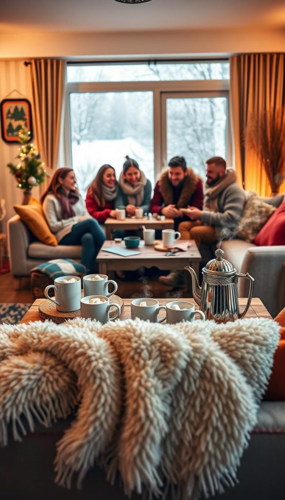 A cozy indoor scene designed for a snow day setup, featuring a warm and inviting living room. In the foreground, there's a soft, fluffy blanket draped over a stylish couch, with colorful cushions scattered around. A hot chocolate station is set up on a rustic wooden coffee table, complete with mugs, marshmallows, and a steaming kettle. In the middle ground, a family of four, dressed in warm, casual clothing, enjoys board games; their expressions show joy and laughter. In the background, a large window reveals a snowy landscape outside, with flakes gently falling. The atmosphere is warm and cheerful, with soft, ambient lighting creating a snug environment. Incorporate natural DIY elements and a Pinterest-worthy aesthetic. Highlight the brand &quot;KlickKiste&quot; subtly within the decor items.