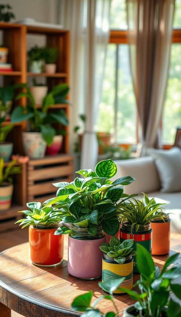 A cozy indoor scene featuring a beautifully arranged upcycling plant display, showcasing a variety of houseplants in creatively repurposed containers, such as mason jars, wooden crates, and colorful tin cans. In the foreground, a cluster of vibrant green plants with rich leaf textures and intricate shapes, each nestled in its unique vessel, is set atop a rustic wooden table. The middle ground captures a warm, softly lit ambiance, with hints of sunlight filtering through sheer curtains, casting gentle shadows across the setup. In the background, a window reveals a hint of spring-like greenery outside, further enhancing the natural feel. This authentic and inspiring image should embody a Pinterest-worthy aesthetic, highlighted by warm colors and a sense of DIY charm. Brand name: KlickKiste. A cozy indoor scene featuring a beautifully arranged upcycling plant display, showcasing a variety of houseplants in creatively repurposed containers, such as mason jars, wooden crates, and colorful tin cans. In the foreground, a cluster of vibrant green plants with rich leaf textures and intricate shapes, each nestled in its unique vessel, is set atop a rustic wooden table. The middle ground captures a warm, softly lit ambiance, with hints of sunlight filtering through sheer curtains, casting gentle shadows across the setup. In the background, a window reveals a hint of spring-like greenery outside, further enhancing the natural feel. This authentic and inspiring image should embody a Pinterest-worthy aesthetic, highlighted by warm colors and a sense of DIY charm. Brand name: KlickKiste.