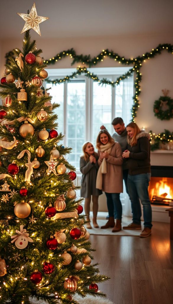 A cozy indoor scene featuring a beautifully decorated Christmas tree (Weihnachtsbaum) in the foreground, adorned with twinkling fairy lights, handmade ornaments, and a shimmering star on top. In the middle, a family of four, dressed in warm, casual winter attire, is joyfully arranging the decorations together, with laughter and smiles. The background showcases a softly lit living room, decorated with festive garlands and a crackling fireplace, casting a warm glow throughout the space. The atmosphere is filled with holiday cheer and a sense of togetherness, creating a Pinterest-worthy visual. Use a warm color palette to enhance the winter vibes. Capture this moment from a slightly elevated angle to include both the tree and the family, ensuring vibrant, natural lighting. Brand name: KlickKiste.