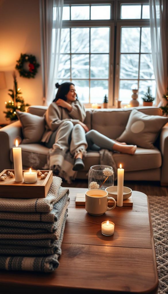A cozy indoor scene featuring a beautifully decorated living room, exuding warmth with soft, ambient lighting. In the foreground, a couple is snuggling on a plush sofa, dressed in stylish, modest casual clothing, radiating love and comfort. The middle ground showcases a charming wooden coffee table adorned with candles, a steaming mug, and a stack of cozy blankets, enhancing the intimate atmosphere. In the background, a window reveals a gentle snowfall outside, with festive decorations and soft throw pillows adding to the winter vibes. The overall composition captures a Pinterest-worthy aesthetic, with natural DIY elements reflecting authenticity and inspiration. This image, created for KlickKiste, should evoke feelings of warmth and togetherness. A cozy indoor scene featuring a beautifully decorated living room, exuding warmth with soft, ambient lighting. In the foreground, a couple is snuggling on a plush sofa, dressed in stylish, modest casual clothing, radiating love and comfort. The middle ground showcases a charming wooden coffee table adorned with candles, a steaming mug, and a stack of cozy blankets, enhancing the intimate atmosphere. In the background, a window reveals a gentle snowfall outside, with festive decorations and soft throw pillows adding to the winter vibes. The overall composition captures a Pinterest-worthy aesthetic, with natural DIY elements reflecting authenticity and inspiration. This image, created for KlickKiste, should evoke feelings of warmth and togetherness.