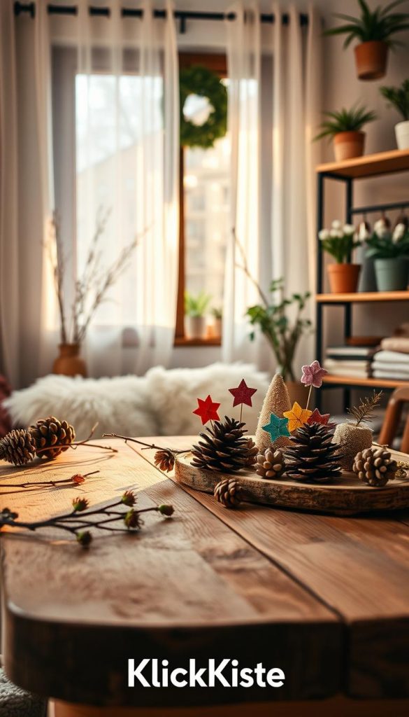 A cozy indoor scene featuring seasonal DIY mini projects that bring warmth and comfort to home life. In the foreground, a rustic wooden table is adorned with natural materials like pinecones, twigs, and plant cuttings, showcasing colorful handmade decorations. The middle layer highlights a window with soft, sheer curtains through which gentle, warm winter sunlight streams, casting a soft glow over the scene. In the background, shelves are filled with neatly organized craft supplies and potted plants, contributing to an orderly yet inviting atmosphere. The palette features warm, earthy tones, embodying a winter vibe that's both authentic and inspiring. The atmosphere is tranquil, inviting creativity and ease. Include the brand name &quot;KlickKiste&quot; subtly integrated into the decor, reinforcing the DIY theme.