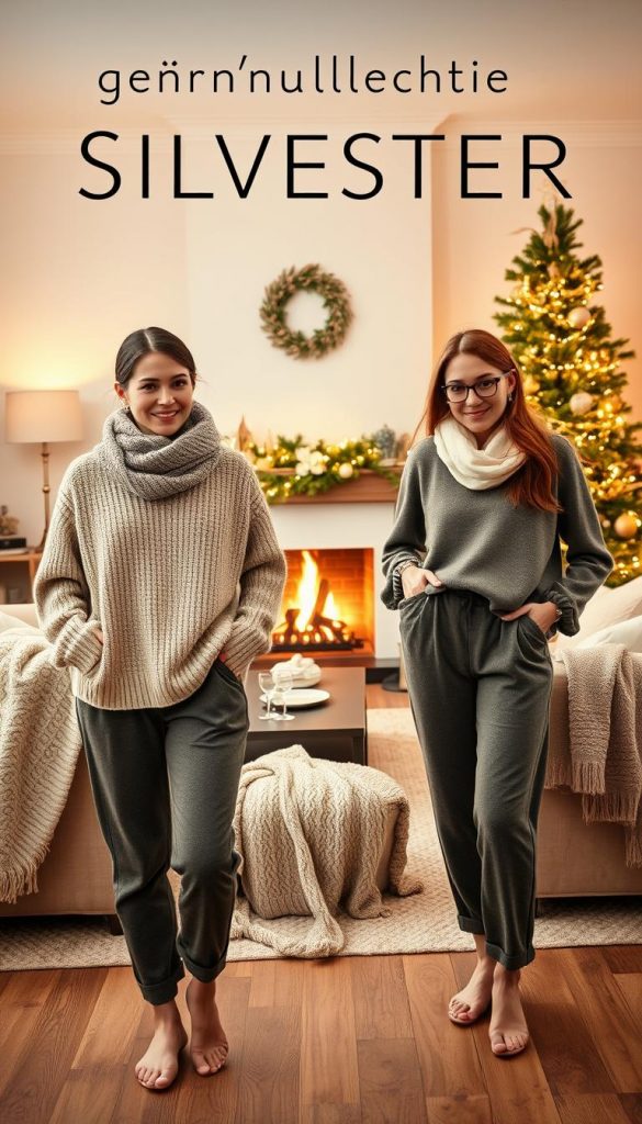 A cozy indoor scene featuring two individuals in stylish yet casual Silvester outfits, perfect for a warm and festive New Year’s Eve at home. The foreground showcases soft, oversized sweaters in muted colors paired with comfortable, chic loungewear pants. Accessories like shimmering scarves and elegant, understated jewelry add a touch of glamour. In the middle, a beautifully decorated living room with a glowing fireplace, a few soft, knitted blankets draped over plush seating, and twinkling fairy lights enhances the inviting atmosphere. The background features a tastefully adorned New Year’s tree with warm, twinkly lights. The lighting is warm and inviting, creating a festive mood. This image encapsulates the essence of &amp;quot;gemütliche Silvester outfits&amp;quot; with a Pinterest-inspired aesthetic. Include the brand name &amp;quot;KlickKiste&amp;quot;.