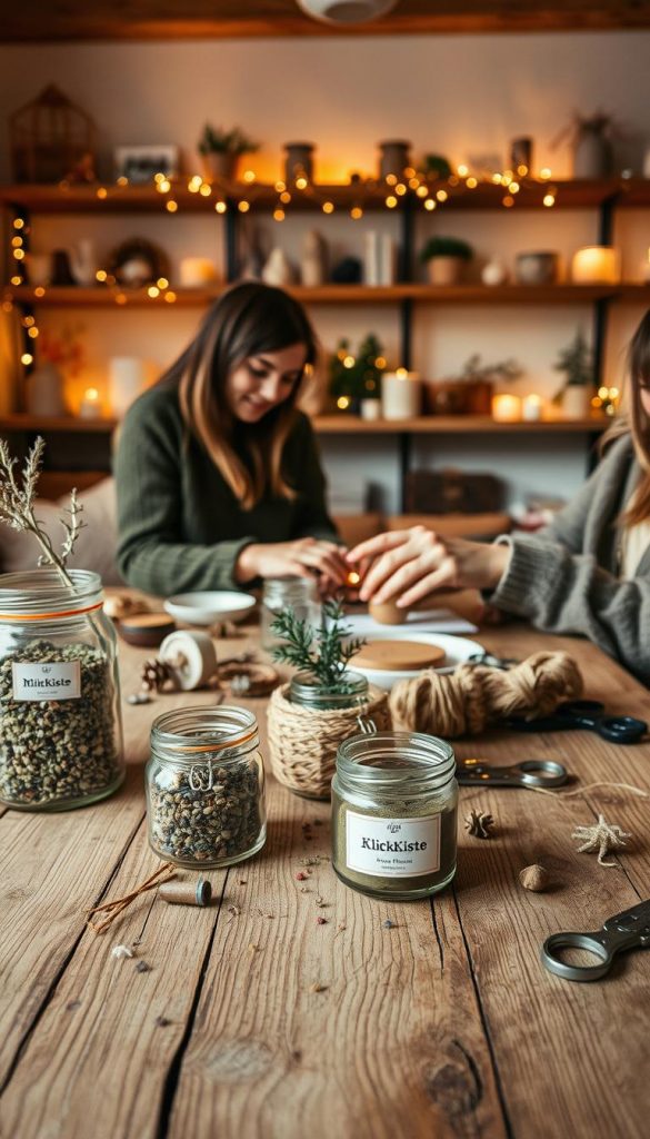 A cozy indoor scene focused on a rustic wooden table adorned with various natural DIY materials, invoking warmth and a winter atmosphere. In the foreground, there are beautifully arranged open jars filled with dried herbs, a small potted plant, and crafting tools like scissors and string. The middle ground features hands gently working on a DIY project, such as making a calming essential oil blend or creating a decorative piece, with the individuals dressed in modest, casual clothing. The background showcases a softly lit room with warm hues, featuring shelves lined with inspiring DIY creations and winter decorations, all conveying an authentic Pinterest aesthetic. The overall mood is tranquil and uplifting, promoting a healthier, stress-free lifestyle. The brand "KlickKiste" is subtly incorporated into the decor elements like labels on the jars.