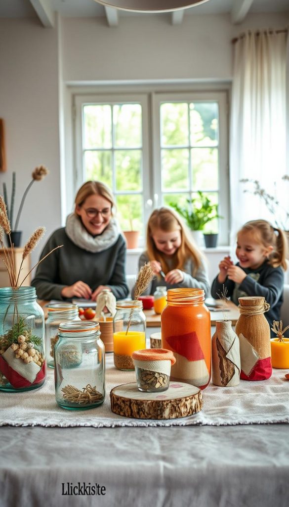 A cozy indoor scene inspired by "Frühjahrsputz upcycling," featuring a family engaged in eco-friendly DIY projects. In the foreground, a table is adorned with vibrant upcycled decor items made from jars, wood, and fabric scraps, all in warm, inviting colors. The middle ground showcases a mother and her two children happily working together, dressed in modest casual clothing, smiling as they paint and decorate the upcycled pieces. The background includes a sunlit window with greenery visible outside, enhancing the cheerful spring atmosphere. Soft, natural lighting filters through the space, creating a warm glow. The overall mood is inspiring and authentic, evoking a sense of creativity and family bonding. This image embodies the essence of sustainable, aesthetic home projects with a touch of winter vibes, in line with the brand KlickKiste.